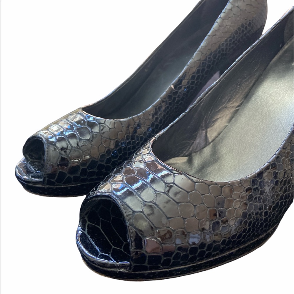 Stuart Weitzman Snakeskin Platform Open Toe Heels - image 2